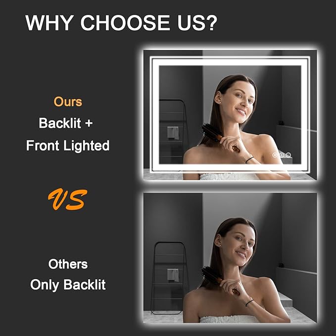 27x19 LED Bathroom Mirror with Front and Backlight, Dimmable Lighted Bathroom Vanity Mirror with Anti-Fog, Memory Function,Tempered Glass(Horizontal/Vertical)