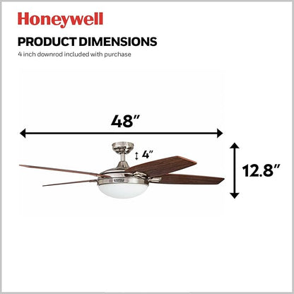 Honeywell Ceiling Fans Carmel, 48 Inch Contemporary Indoor LED Ceiling Fan with Light, Remote Control, Dual Mounting Options, Dual Finish Blades, Reversible Motor - 50196-01 (Brushed Nickel)
