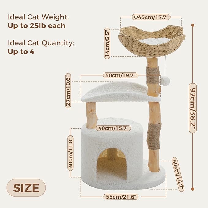 PAWZ Road Cat Tree for Indoor Cats Large Adults,38 Inches Modern Cat Tree Tower with Spacious Wicker Basket,Natural Solid Wood Scratching Posts,Curved Bed,Luxury Cat Condo for Large Cat-Mewly Pet