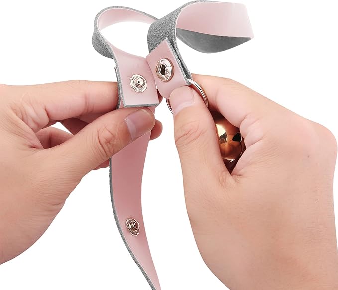 Leather Dog Doorbells for Door Knob/Potty Training/Go Outside, Length Adjustment Copper Dog Bell, Housetraining Hanging Bell, Pink Leather Golden Bells - 2 Pack.-Mewly Pet