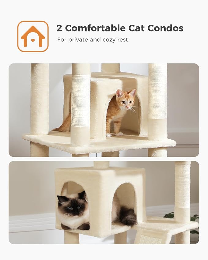 PAWZ Road 70 Inch Cat Tower, Tall Cat Tree with 2 Cozy Condos, 2 Plush Perch, Large Basket, 2 Scraching Pad & 6 Scraching Posts for Indoor Cats Large Adult, Beige-Mewly Pet