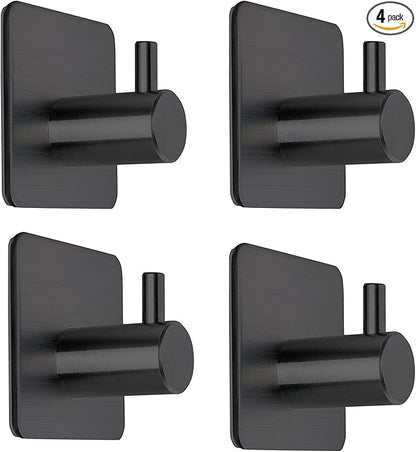 Black Adhesive Towel Hooks Heavy Duty Stick on Wall Hooks Shower Hooks for Bathroom Kitchen Door-4 Packs