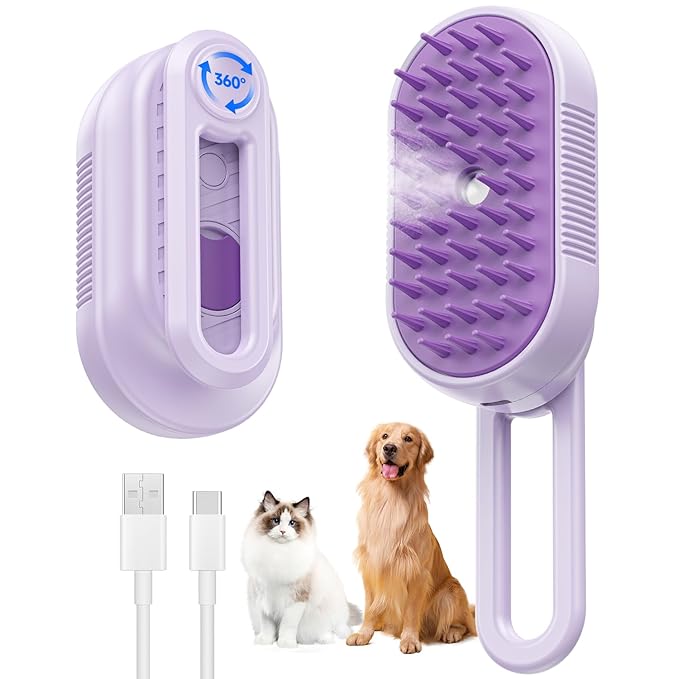 Cat Steam Brush for Shedding, 4 in 1 Rechargeable Steam Brush for Cats and Dogs, Anti-Static, Massage, Cleaning, Shedding & Combing All In One! (purple)-Mewly Pet