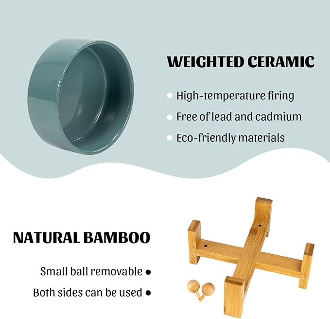 SPUNKYJUNKY 15° Slanted Ceramic Dog and Cat Bowl with Wooden Stand, Tilted Bulldog Food and Water Bowl No Slip Non-Spill for Cats Medium Dogs Big Face Pets 28.7 OZ (3.6 Cups, Light Green)-Mewly Pet