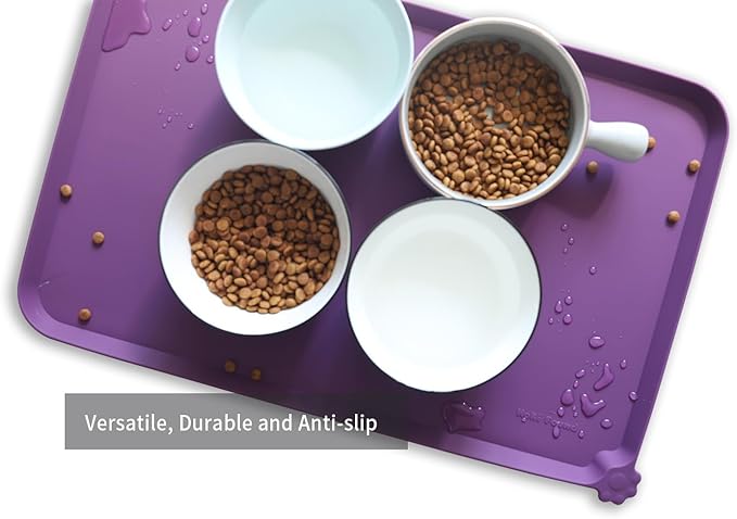 Hoki Found Silicone Pet Food Mats - Non Slip Dog Cat Bowl Placemats - Waterproof Dog Cat Food Mats for Carpet - Eggplant-Mewly Pet