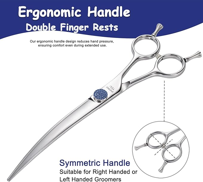 7'' Dog Grooming Scissors Set with Blue Diamond Adjustable Screws CNC 440C Stainless Steel Thinner Chunker Straight Curved Shears with Comb Sharp and Durable-Mewly Pet
