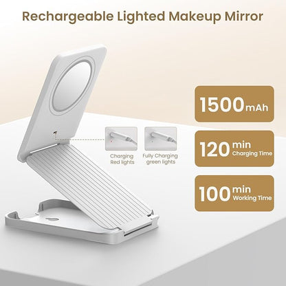 Travel Makeup Mirror with Lights, Foldable 1X Vanity Lighted Mirror with 10X Magnification, Rechargeable 1500mAh, Dimmable Touch Screen, Freely Adjust Height and Angle