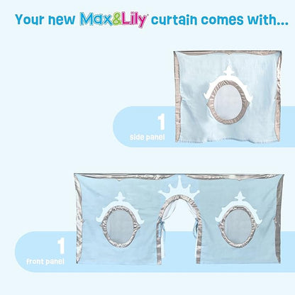 Max & Lily Underbed Curtain for Low Bunk/Loft Bed, Princess Play Privacy Set for Kids, 2 Panel Cotton Set for Bottom Bunk, Blue/Silver