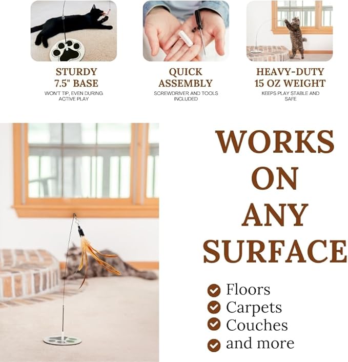 Interactive Cat Toys for Indoor Cats 2 in 1 Cat Wand Toys Solid Round Base Toys for Bored Indoor Adult Cats Self Play Feather Toy Bird Feather-Mewly Pet