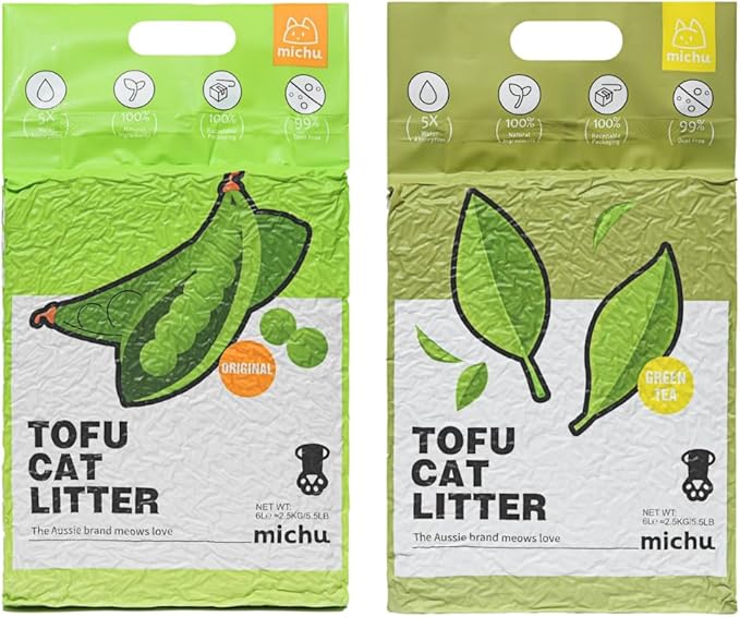 Tofu Cat Litter Natural Clumping Tofu Cat Litter, Fast Clumping and Easily Scoop-able 5.5lb/88oz 5 Scents - Original + Greentea, 2 Pack-Mewly Pet