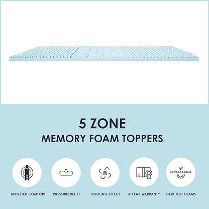 Mellow 1.5 Inch 5-Zone Memory Foam Mattress Topper, Cooling Gel Infusion, Queen, Blue