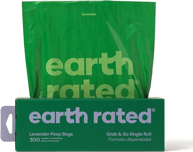 Earth Rated Dog Poop Bags, Thick Grab and Go Single Roll, Ideal for Backyard Pickups, Lavender Scented, 300 Count-Mewly Pet
