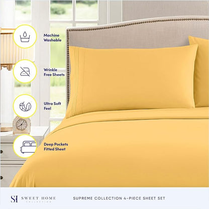RV Queen Bed Sheets - Breathable Luxury Sheets with Full Elastic & Secure Corner Straps Built In - 1800 Supreme Collection Extra Soft Deep Pocket Bedding Set, Sheet Set, RV Short Queen, Yellow