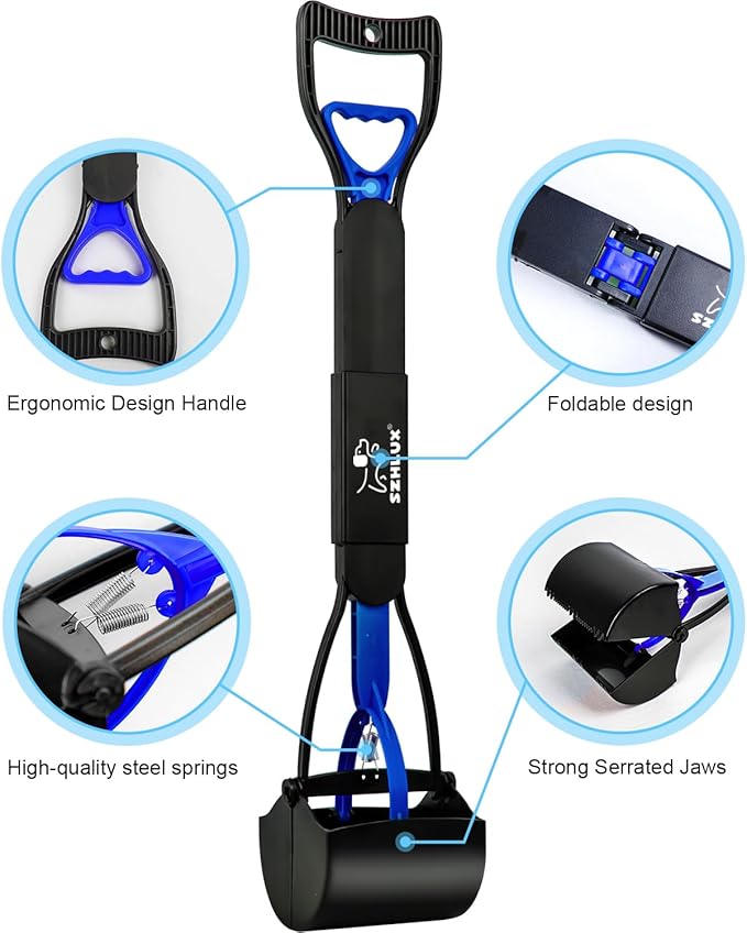 SZHLUX 28" Pooper Scooper, Foldable Dog Pooper Scooper with Unbreakable Material and Durable Spring for Grass and Gravel, Blue-Mewly Pet