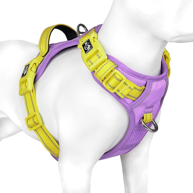 PHOEPET No Pull Dog Harness, Unique Colors Reflective Adjustable Dog Vest, with Soft Training Handle Metal Clips for Small Medium Large Dogs (Baby Purple Base & Yellow Straps,M)-Mewly Pet