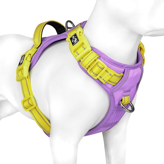 PHOEPET No Pull Dog Harness, Unique Colors Reflective Adjustable Dog Vest, with Soft Training Handle Metal Clips for Small Medium Large Dogs (Baby Purple Base & Yellow Straps,XL)-Mewly Pet