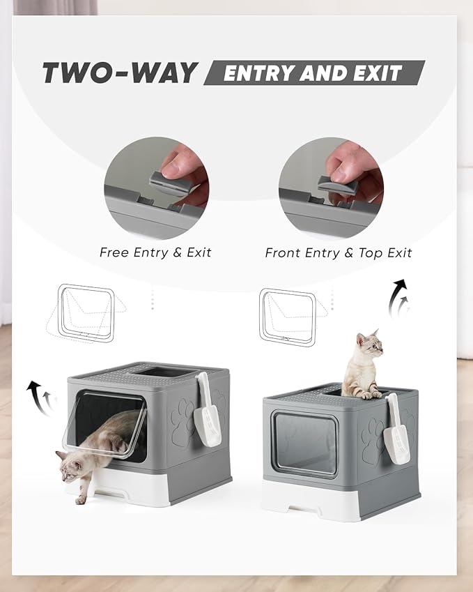 Enclosed Cat Litter Box, Large Litter Box for Big Cats, Covered Kitty Litter Boxes with Lid, Top Entry Cat Box Enclosure with Scoop, Odor Control, Easy to Clean(Grey)-Mewly Pet