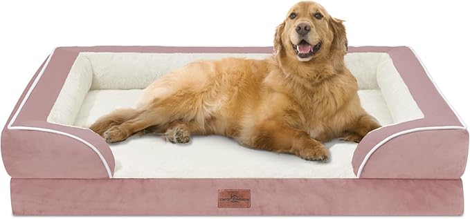 Comfort Expression Waterproof Orthopedic Foam Dog Beds Extra Large Dogs, XL Dog Bed with Bolster, Washable Pet Sofa Couch with Removable Cover & Non-Slip Bottom(X-Large,Pink)-Mewly Pet