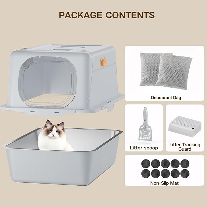 XX-Large Stainless Steel Cat Litter Box with Lid – Fully Enclosed Large Litter Box for Big Cats, Odor Control with Magnetic Door, Easy Clean, Multi-Cat Durable Metal Pan.(White-Gray)-Mewly Pet