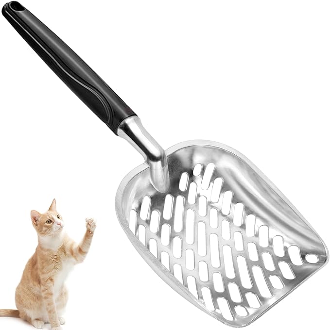 Cat Litter Scoop,Long Handle Cat Scooper,Stainless Steel Metal Scoop,Poop Sifting,Mesh Shovel,Suitable for Cat Litter Box(Black)-Mewly Pet