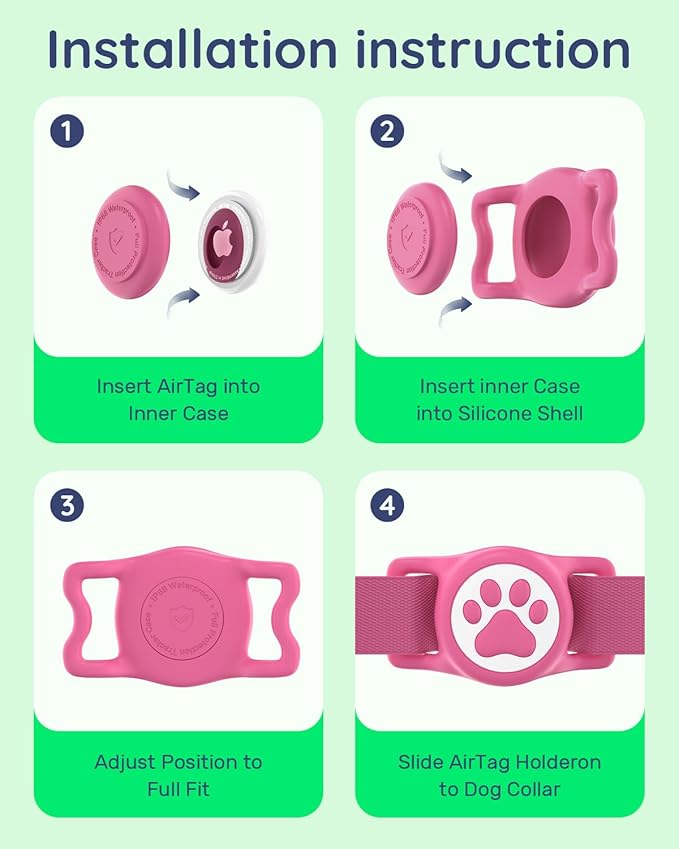 IP68 Waterpoof Dog Airtag Holder, Stretchy Silicone Full Body Covered Apple Air Tag Holder for Dog Cat Collar Fit All Width Collar (Pink/Rose, 2 Pack)-Mewly Pet