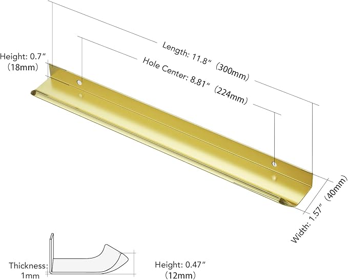 Ravinte Hardware 10 Pack Gold Cabinet Handles, 11.8 Inch (300mm) Finger Edge Pulls, 8.8 Inch Hole Center, Finger Pulls for Cabinets