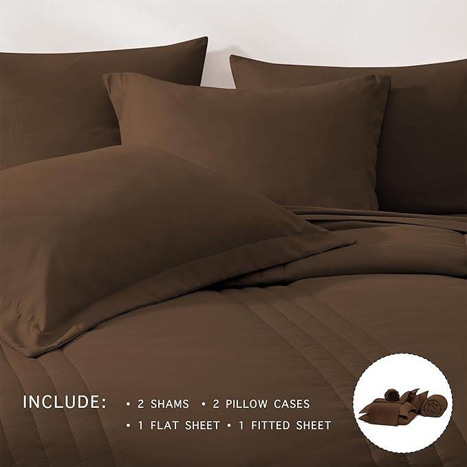 Monbix Full Comforter Set - 7 Pieces Chocolate Brown Bed in a Bag Full Size Bedding Sets with Comforters, All Seasons Down Alternative Comforter with Sheets, Pillowcases & Shams