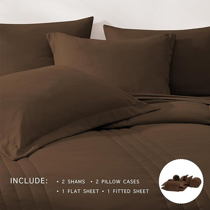 Monbix Full Comforter Set - 7 Pieces Chocolate Brown Bed in a Bag Full Size Bedding Sets with Comforters, All Seasons Down Alternative Comforter with Sheets, Pillowcases & Shams