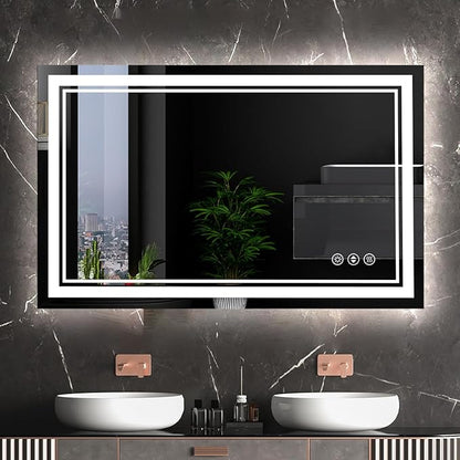 48x32 Inch LED Lighted Bathroom Mirror, Light Up Bathroom Vanity Mirror Unbreakable with 2 Front Lights & Back Lit, 3 Colors Stepless Dimmable, Anti-Fog, Memory Function, Closable Blue Buttons