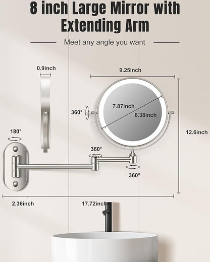 30X/1X Wall Mounted Lighted Makeup Mirror, 8'' Double Sided Rechargeable Magnifying Bathroom Mirror with Light, 3 Color Lights Touch Dimmable Extended Arm 360 Rotation Light up Mirrors