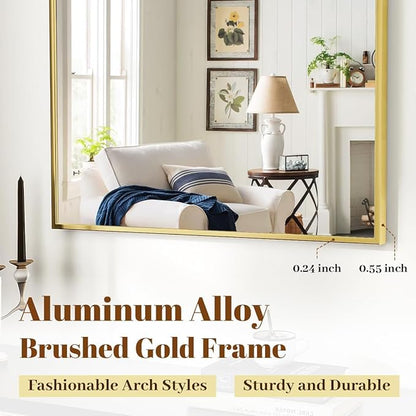 VooBang Arched Wall Mirror, 32 x 48 inch Arch Bathroom Mirror, Wall Mounted Vanity Mirror with Arch Metal Frame, Modern Bathroom Vanity Mirror for Bedroom, Living Room, Hanging or Leaning, Gold