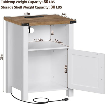Antique White Nightstand Set of 2, 18 Inch Farmhouse Night Stand with Charger Station and USB Port, Modern Couch Side Table with Magnetic Door and Storage Shelf, Bedside Tables for Bedroom