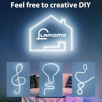 Lamomo Neon LED Rope Light 65.6Ft, White LED Strip Lights 1.96in/Cut, 6000K Waterproof Flexible Silicone 24V Led Strip for DIY Neon Sign Bedroom Indoor Outdoor Decor（Power Adapter Included）