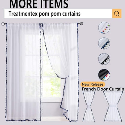 Treatmentex Pompom Sheer White Curtains for Living Room Kid's Room 72" Window Voile Drapes Slub Linen Texture Bedroom Curtains 2 Pack Rod Pocket