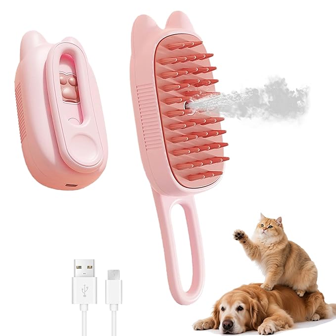 4 in 1 Cat Steam Brush Rechargeable Anti-Static Pet Spray Hair Removal Comb for Shedding and Grooming Multi-functional Pet Massage Brushes for Cats Dogs Small Animals-Mewly Pet