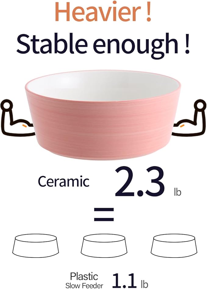 Pink Dog Bowl Ceramic for Medium Large Breed, Heavy Weighted Dog Food Water Dish, 8 in Non - Slip Modern Cute Extra Big Porcelain Pet Bowl Maze Wide Mouth-Mewly Pet