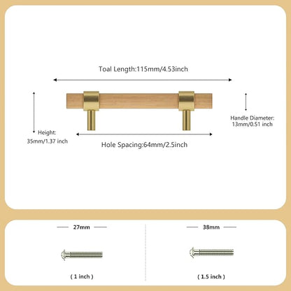 Wooden Drawer Pulls,6-Pack Beech Wood Drawer Handles 2.5in,Suitable for Kitchen, Living Room, Bedroom, Bathroom and Other Scenes,Gold