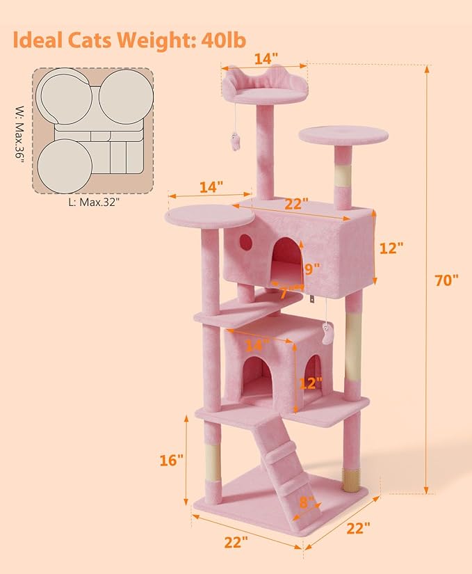 70'' Cat Tree Tower for Indoor Cats Large Adult,Cute/Tall Modern Cat Tree for Big Cats 20 lbs,Plush Multi-Level Cat Condo with Scratching Posts,Dangling Ball for Fun Play(Soft Pink, 70 inch)-Mewly Pet