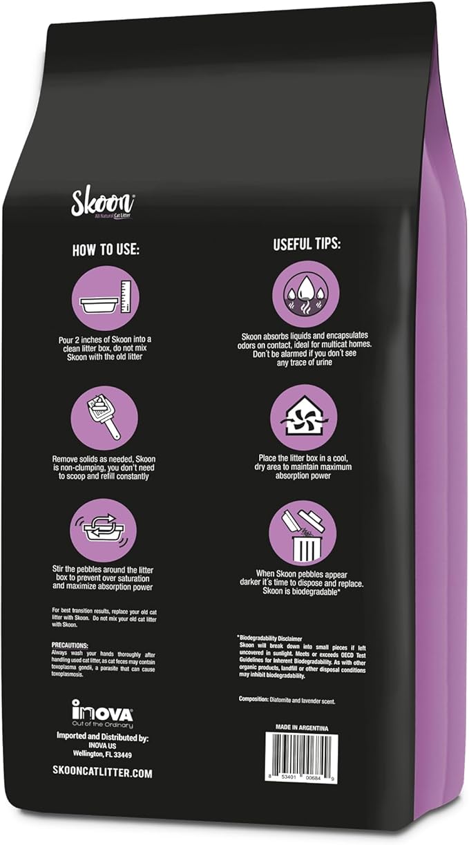 Skoon All Natural Cat Litter (2 Bags) - Lavender - Lightweight, Low Tracking, Non-Clumping Diatom Pebbles Absorb, Lock, and Seal Waste for Best Odor Control-Mewly Pet