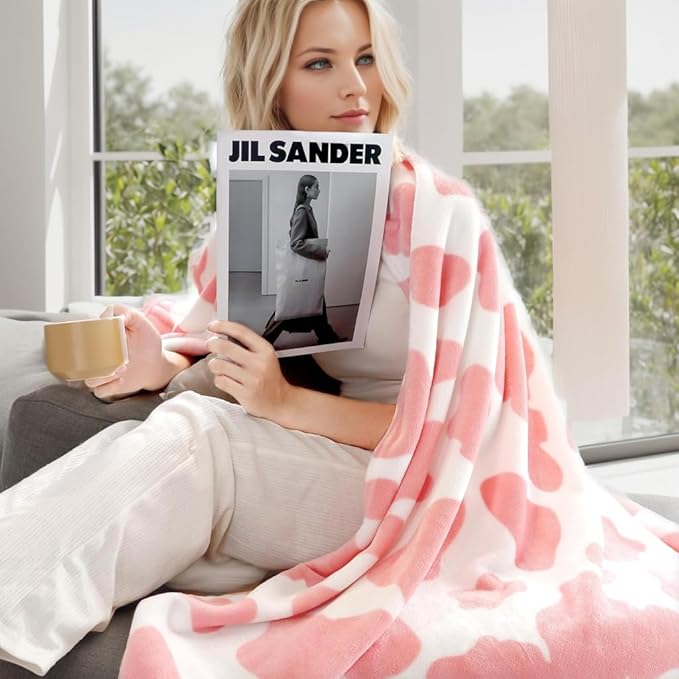Fleece Cow Print Blanket for All Season - Premium Lightweight Anti-Static Pink and Ivory Queen/Full Size Blankets, Bedroom Decor 90" x 90"(Pink Cow)