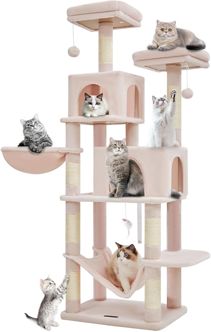 Taoqimiao Cat Tree, 66.2-Inch Cat Tower for Indoor Cats, Plush Multi-Level Cat Condo with 12 Scratching Posts, 2 Perches, 2 Caves, Hammock, 2 Pompoms, Jelly Pink MS013P-Mewly Pet