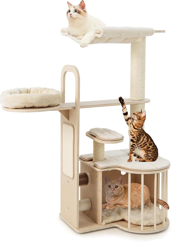 Tangkula Wood Cat Tree for Indoor Cats, 55 Inch Multi-Level Cat Tower Activity Center with Hammock, Cat Condo, Sisal Scratching Posts & Washable Cushions, Modern Cat Tree Houses for Large Cats-Mewly Pet