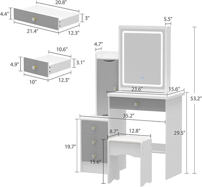 FAMAPY Vanity Desk with Mirror and Lights, Vanity Makeup Desk with Sliding Lighted Mirror, Vanity Mirror Makeup Desk with Cushion Stool, Drawers and Shelves, White and Grey