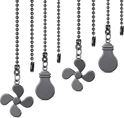 Ceiling Fan Pull Chain Set - 4 Piece Bulb and Fan Pattern Extension Pendant, 12 Inch Extender With Ball Connector (Gun Metal)
