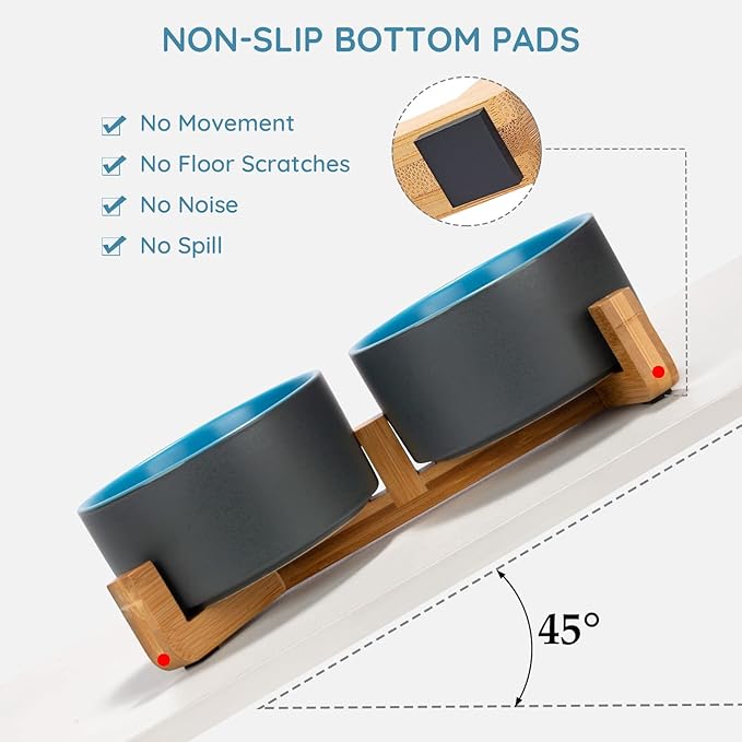 SPUNKYJUNKY Ceramic Dog and Cat Bowl Set with Wooden Stand, Modern Cute Weighted Food Water Set for Small Size Dogs (13.5OZ) & Medium Sized Dogs (28.7OZ) & Cats (3.6 Cups, 2 × Blue-Grey)-Mewly Pet
