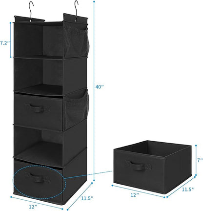 MAX Houser 5 Tier Shelf Hanging Closet Organizer, Cloth Hanging Shelf with 2 Sturdy Hooks for Storage, Foldable (Black-D2)