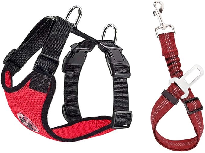 SlowTon Dog Seat Belt Harness for Car, Dog Car Harness Adjustable Mesh Breathable & Dog Seatbelt Safety Tether with Elastic Bungee for Small Medium Large Pets(Red Seatbelt, Single Clip, XXXS)-Mewly Pet
