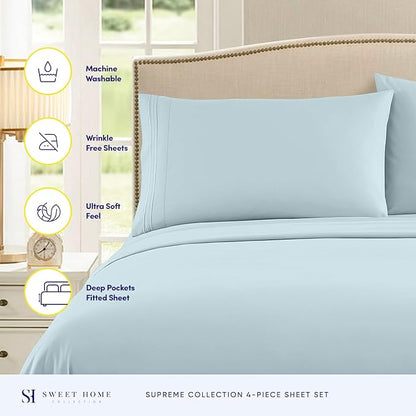 Queen Size Bed Sheets - Breathable Luxury Sheets with Full Elastic & Secure Corner Straps Built In - 1800 Supreme Collection Extra Soft Deep Pocket Bedding Set, Sheet Set, Queen, Light Blue