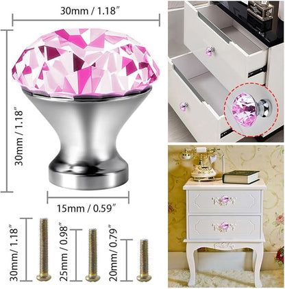 30mm Kitchen Cabinet Knobs Drawer Pull Handle Hardware, Crystal Clear Pink Glass Round Diamond Shape Dresser Closet Bi-fold Door Bathroom Cupboard Desk Nightstand Bookcase Furniture Drawer Knob, 8PCS