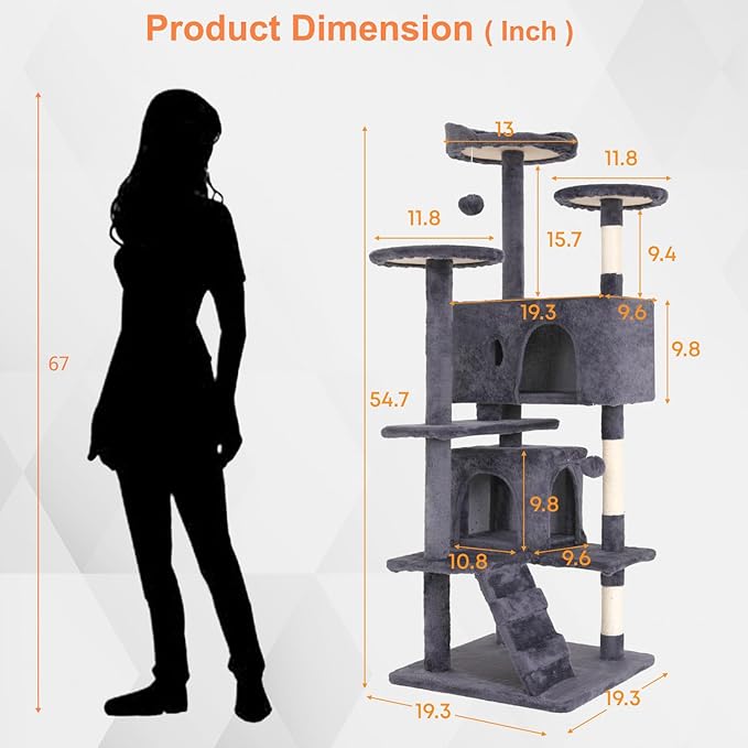 54.7 inches Cat Tower for Indoor Cats Multi-Level Cat Condos for Cat Tree Cat Climbing Tower with Scratching Posts, Hanging Toys,Ashy-Mewly Pet